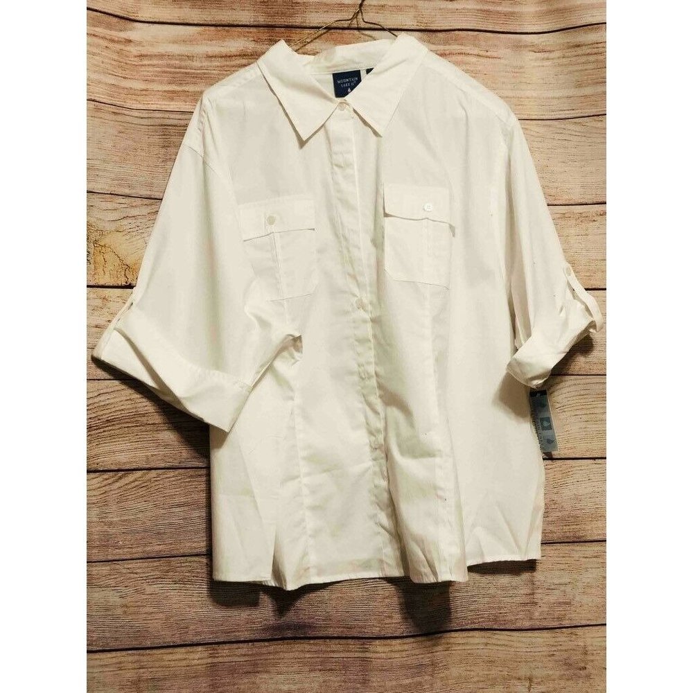 Mountain Lake II Womens Button Down Shirt White‎ Roll Tab Collar Plus 2X New